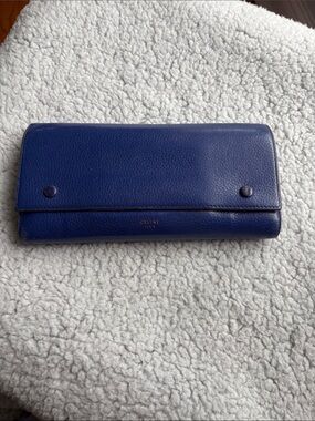 Celine Large DBL Snap Flap Indigo Blue Grained Calfskin Leather Long Wallet